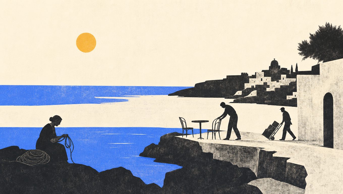 A Mediterranean coastal village at dawn, people setting up a café terrace and delivering goods