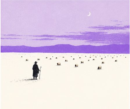 A shepherd counting a scattered flock under a violet dusk