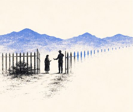 Two people greeting at a garden gate, the fence fading into blue mountains