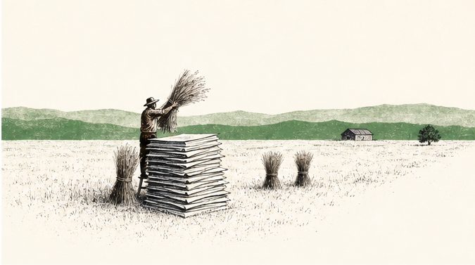 A farmer stacking sheaves that double as a pile of documents