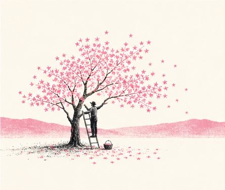 A figure tending a tree blossoming with tiny pink stars