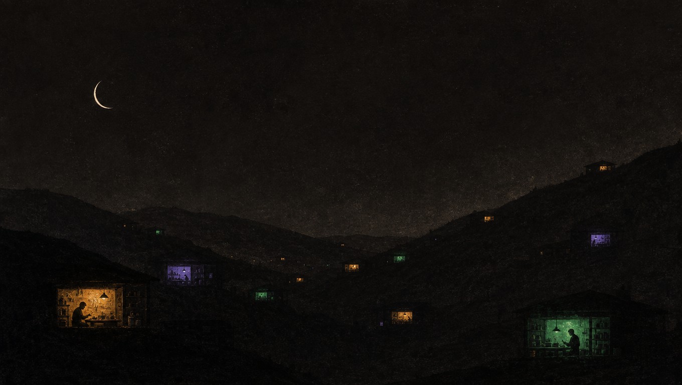 Dark hills at night, scattered workshop windows glowing in amber, green and violet under a crescent moon