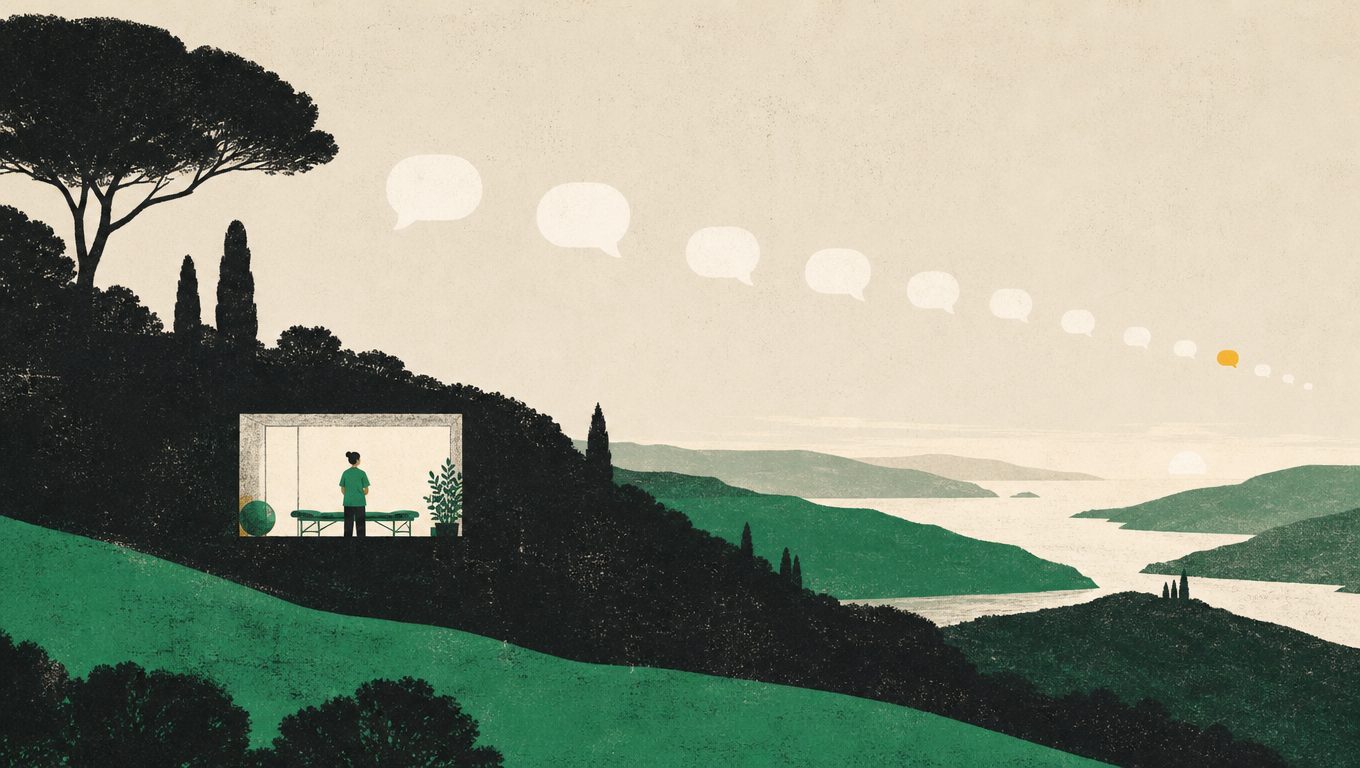 A physiotherapist in a hillside clinic overlooking the sea, message bubbles drifting across the sky