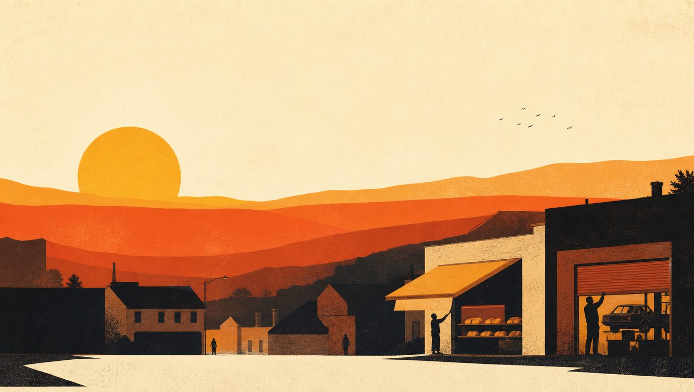 A small town at sunrise, a baker and a mechanic opening their shops under an amber sun